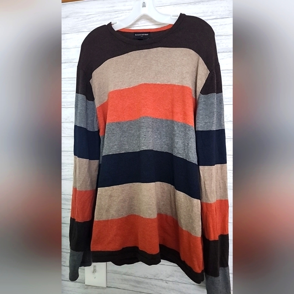 Banana Republic Orange Navy Brown Gray Striped Pullover Sweater Women Sz Large